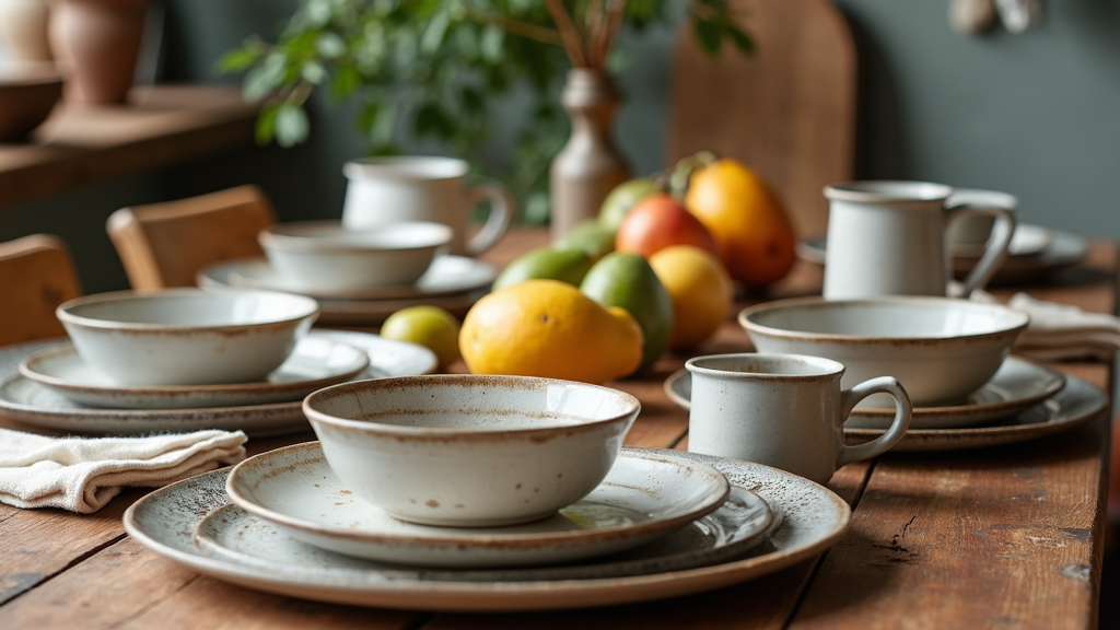 Beautiful stoneware dinnerware set with plates, bowls, and mugs arranged on a wooden table