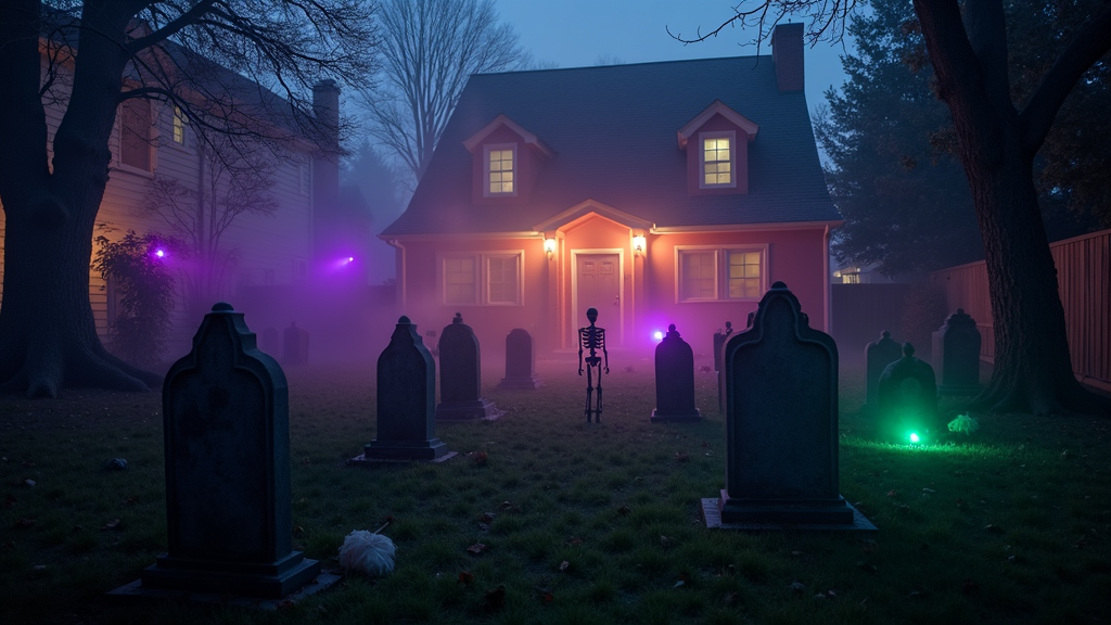 DIY Halloween graveyard in a front yard with tombstones and fog