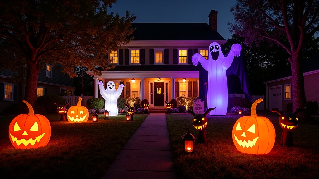 Large and spooky inflatable Halloween yard decorations at night, glowing in orange and purple lights amidst pumpkins, tombstones, and ghost figures.