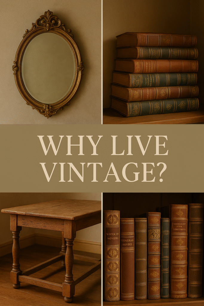 “Collage-style graphic with three images: an antique mirror, rustic farmhouse table, and vintage books stacked on a shelf. Add text: Why Live Vintage? in elegant serif font.”